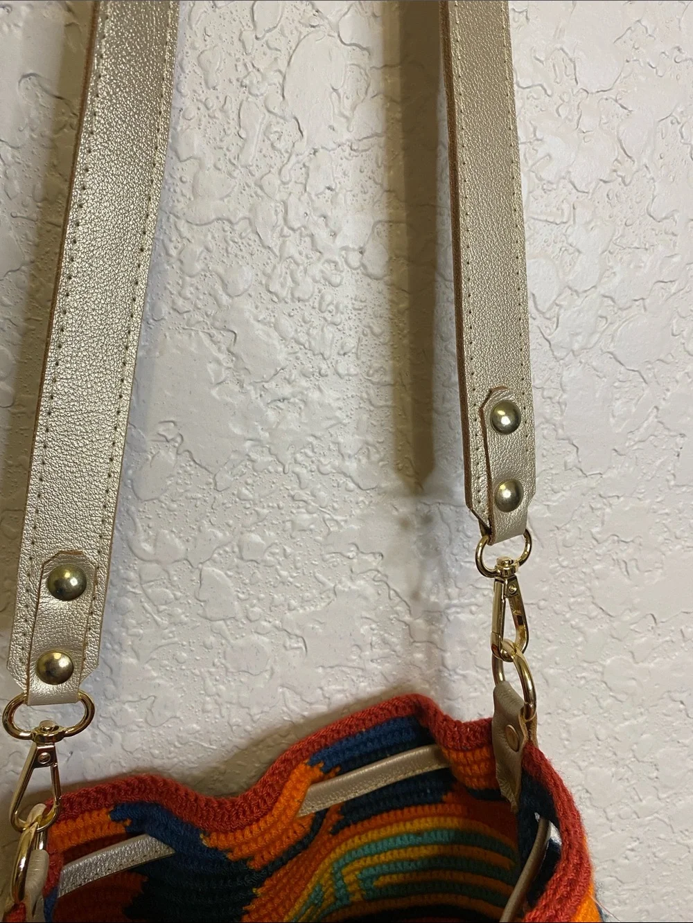 NWT Wapa Handmade Colorful Woven Bucket Bag w/leather Gold Strap